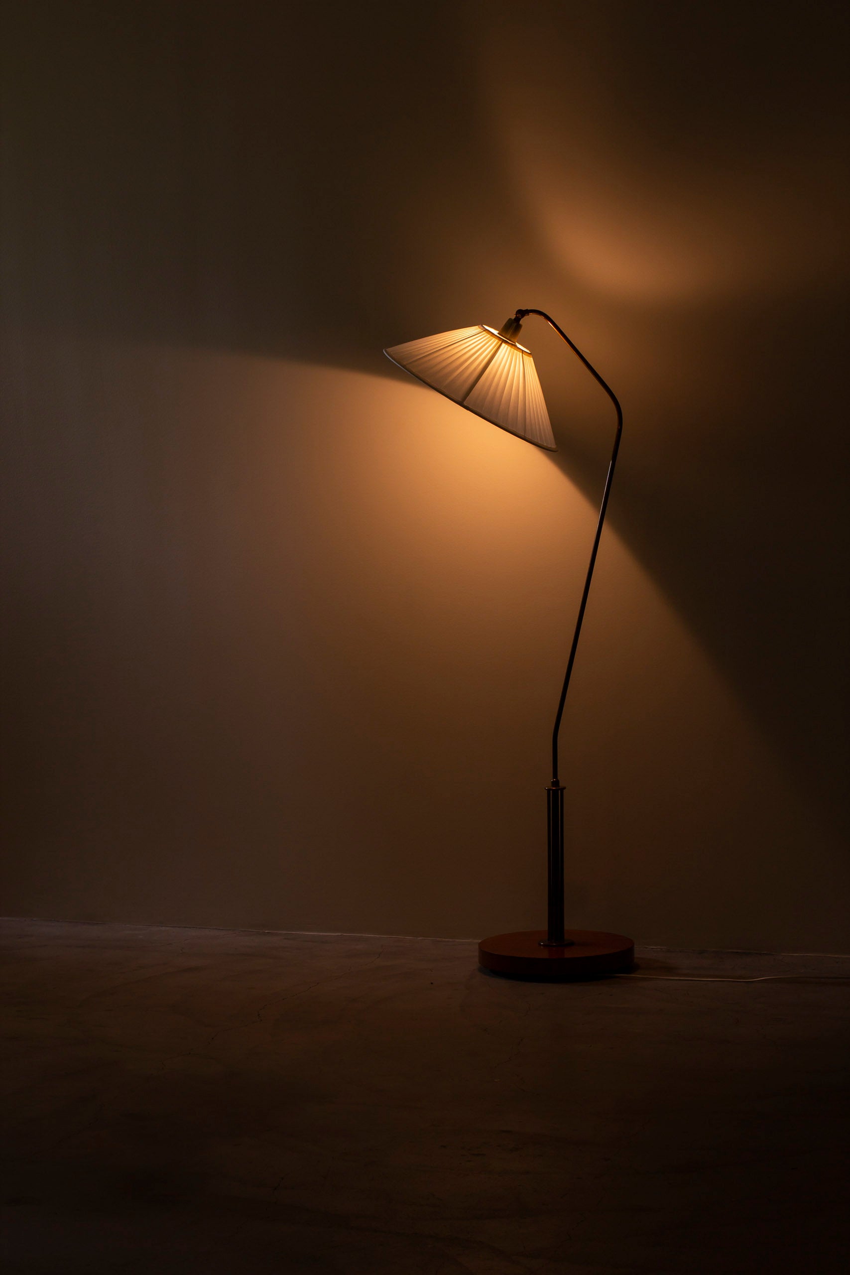 Swedish modern brass and elm floor lamp