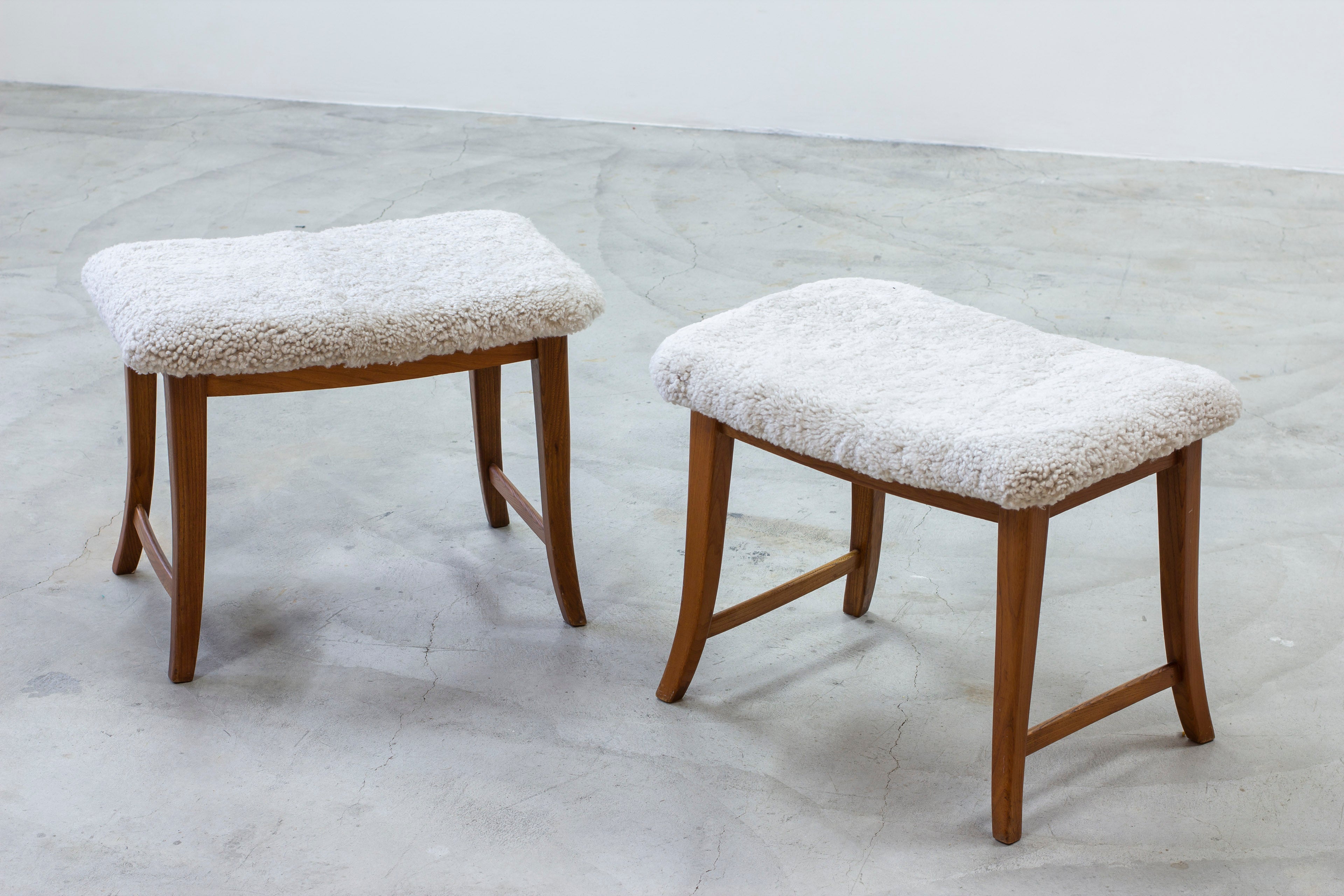 Swedish modern stools with sheepskin